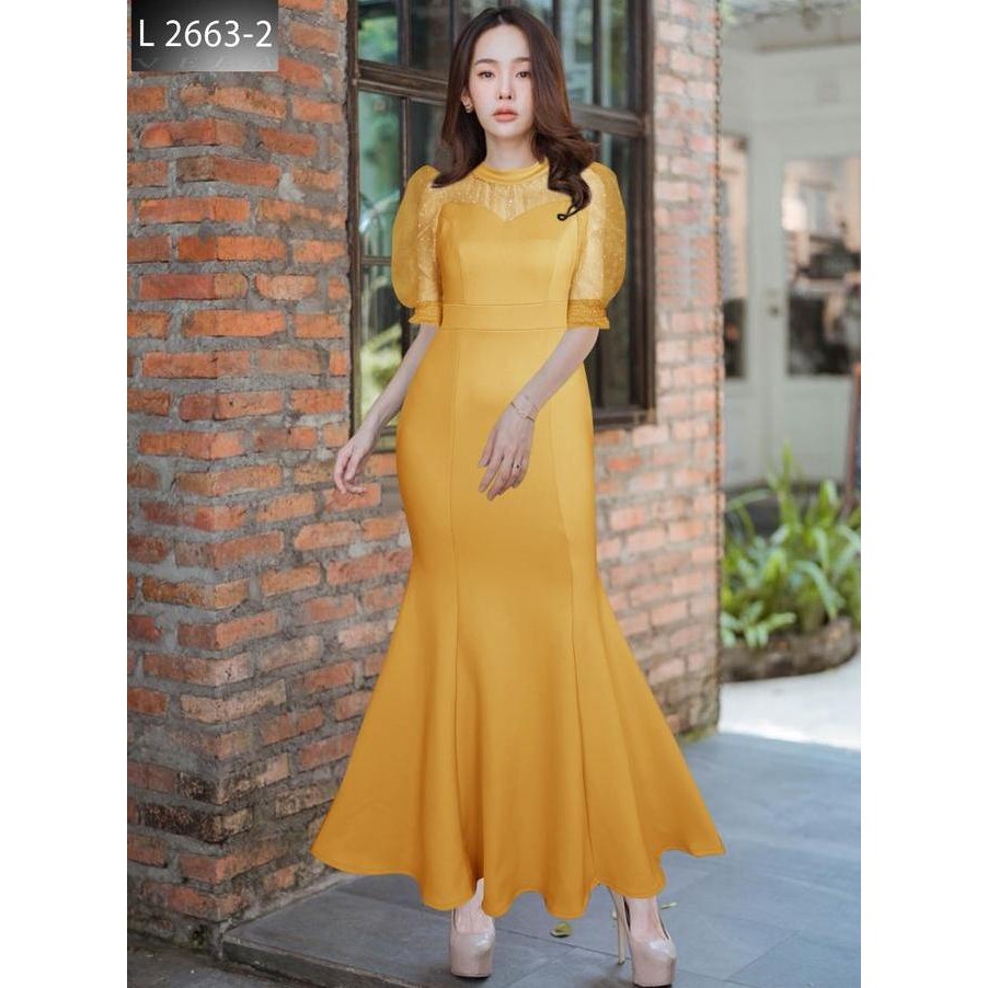 Joanne Fashion | Dress Pesta Wanita Panjang Mewah Elegan Fit Formal Lengan Puff Tile 3/4 Rok Duyung 