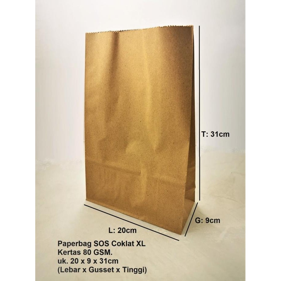 

paperbag SOS XL coklat polos 20x9x31cm 80GSM murah