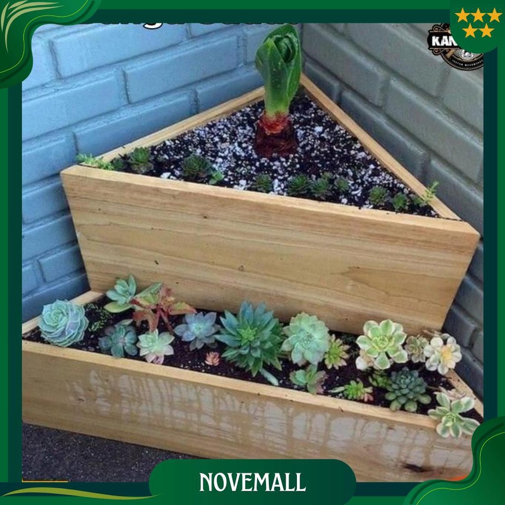 Wooden Planter Pot Kayu Sudut Vas Bunga 2 Tingkat Modern Ori
