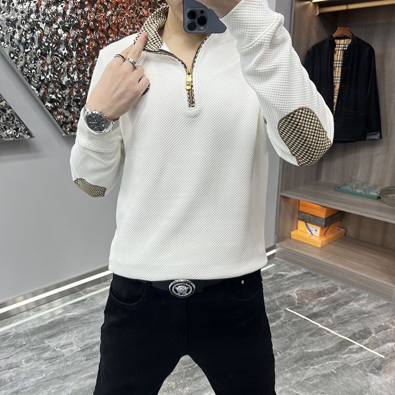 Sweater Pria Lengan Panjang, Hitam dan Putih, Setengah Ritsleting, Bordir Kerah Berdiri Ramping T Ba