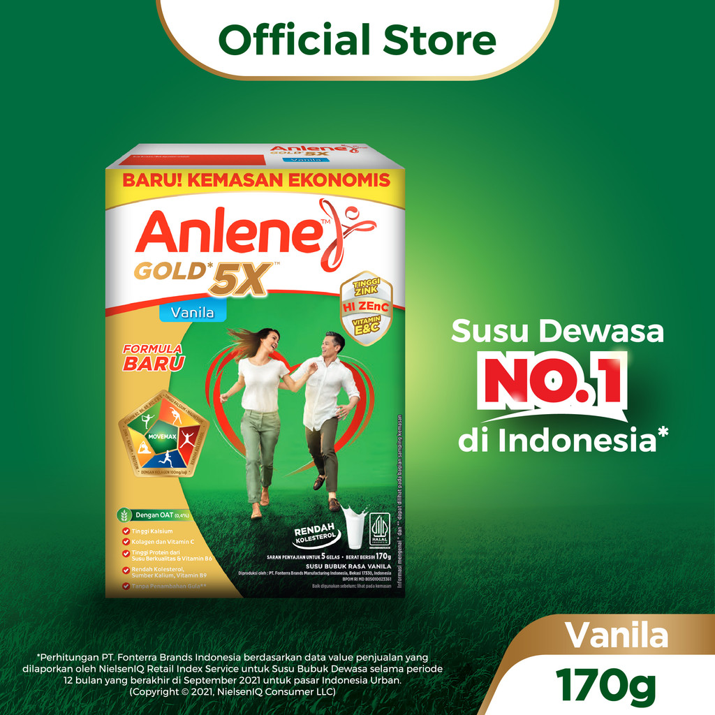 Anlene Gold 5X Susu Bubuk Dewasa Vanila 170g - Nutrisi Tinggi Kalsium Untuk Tulang, Sendi, dan Otot