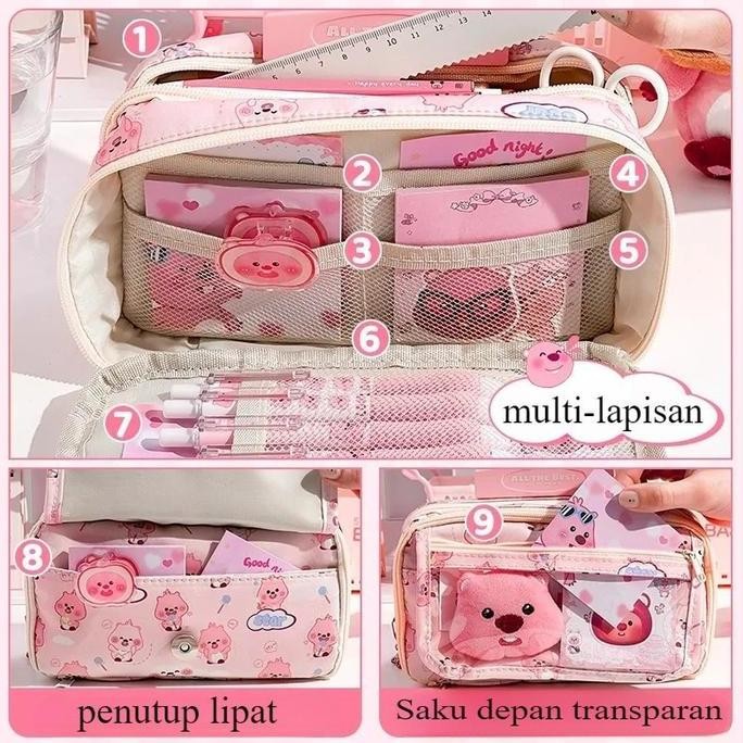 

ready Local Delivery loopy Tempat pensil kartun 9lapisan tas alat tulis berkapasitas besar Dengan boneka Bros dan tempat kertas ujian liontin Stationery murah