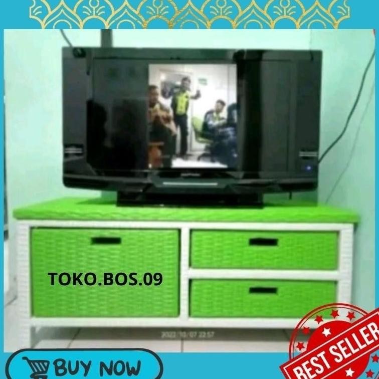 (REDY STOK) Meja Tv Rotan Sintetis Rak Laci 3 Rak Buku Susun