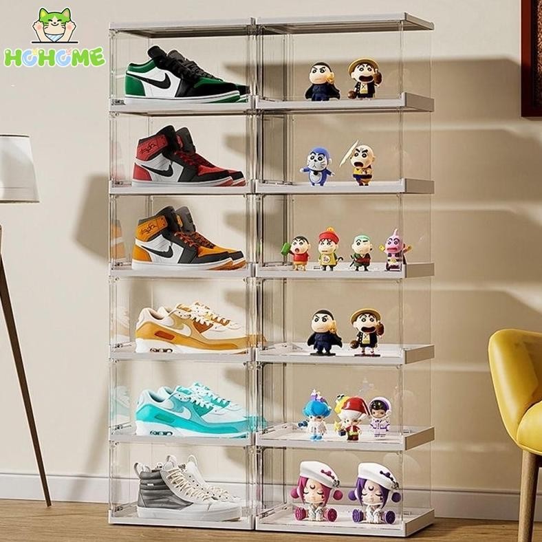 RAK PENYIMPANAN PLASTIK SUSUN TRANSPARAN TERTUTUP ANTI DEBU SERBAGUNA RAK SEPATUMAINAN BONEKA