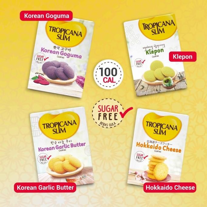 

Grosir Parsel Tropicana Slim - Tropicana Slim Cookies 4Pcs - Hokkaido Cheese, Korean Garlic, Korean Goguma & Klepon