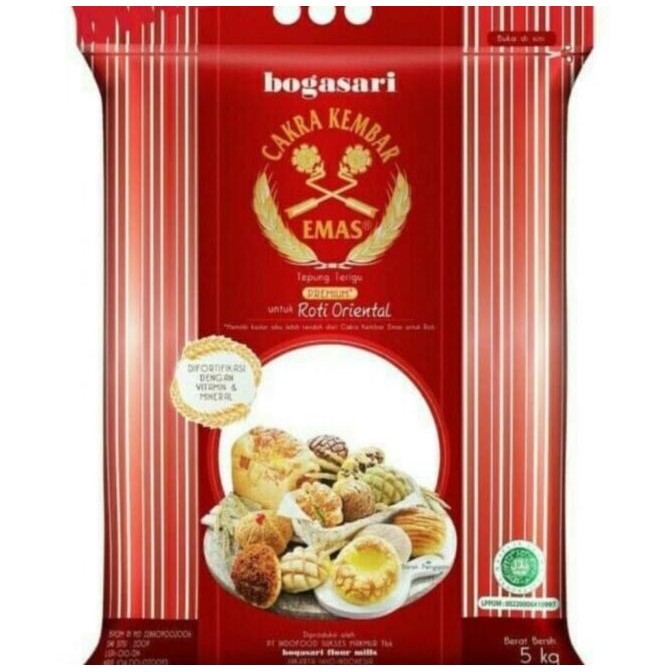 

Sale Tepung Terigu Cakra Kembar Emas Untuk Roti Oriental Bogasari 5 Kg