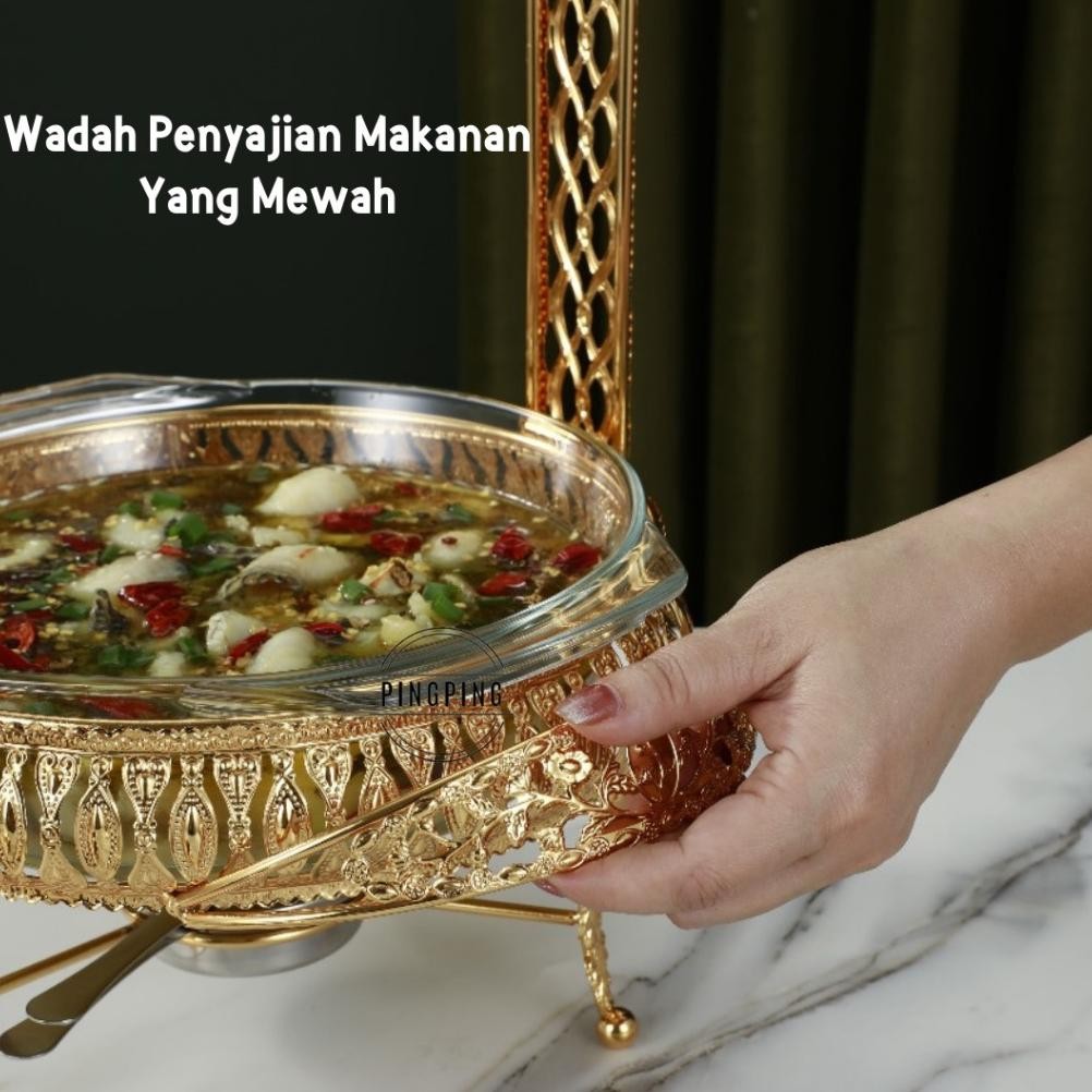 Food Warmer Wadah Kaca Tebal Gold / Food Warmer Tutup Gantung Gold / Food Warmer Wadah/Baki Kaca Teb
