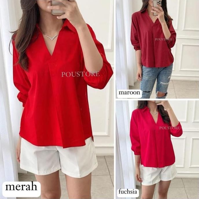Sale Kemeja Spesial Merah Wanita Vneck / Kemeja Merah / Kemeja Maroon / Kemeja Imlek / Kemeja Chongs