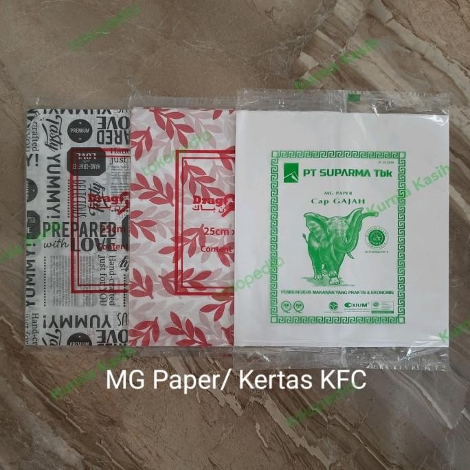 

kertas kfc/mc d/bungkus nasi/burger/kebab merk GAJAH 25x27 100pcs/pak nUg