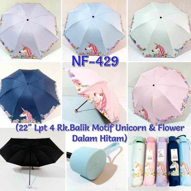 Payung Lipat 4 Nagoya NF429 Motif Unicorn Flower Dalam Hitam Umbrella