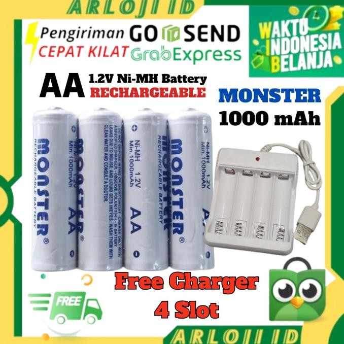 GRATIS CHARGER Baterai AA Monster 1000mAh Isi 4 Cas Rechargeable Recharge dan Charger Charge Isi Ula