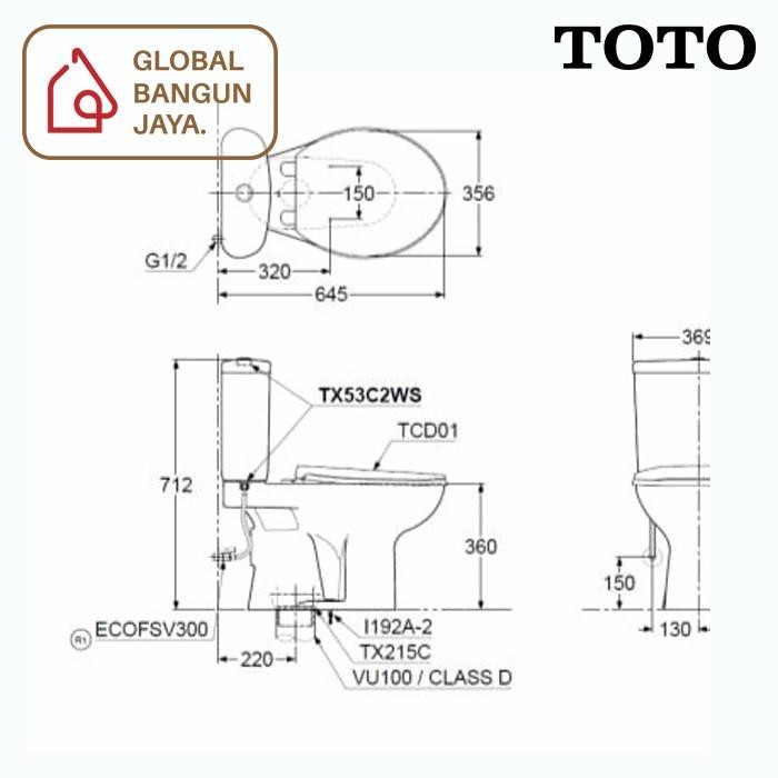 Set Kloset Duduk Toto Cw53J Komplit + Jet Shower + Tee / Closet Cw53 Original Dan Terpercaya