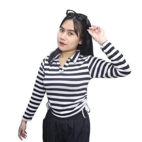Tersedia Top Blouse Kaos Kerah Serut Vneck T-Shirt Wanita Atasan BerKerah Polo Lengan Panjang Tali S