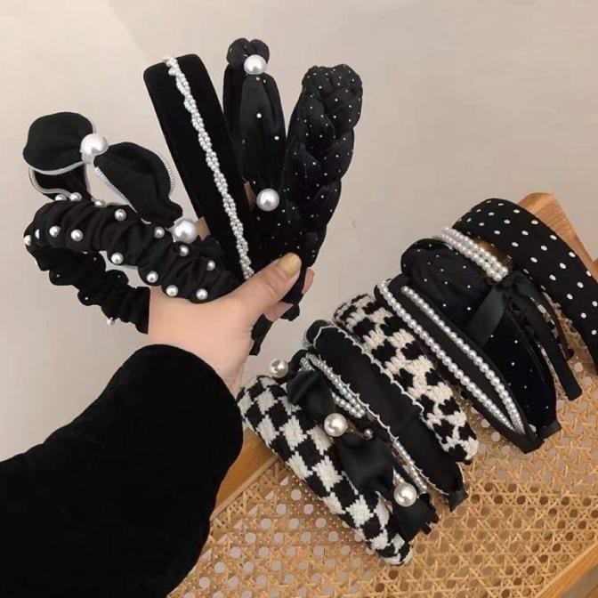 promo bando polos hitam bendo mutiara black kain headband wanita korea