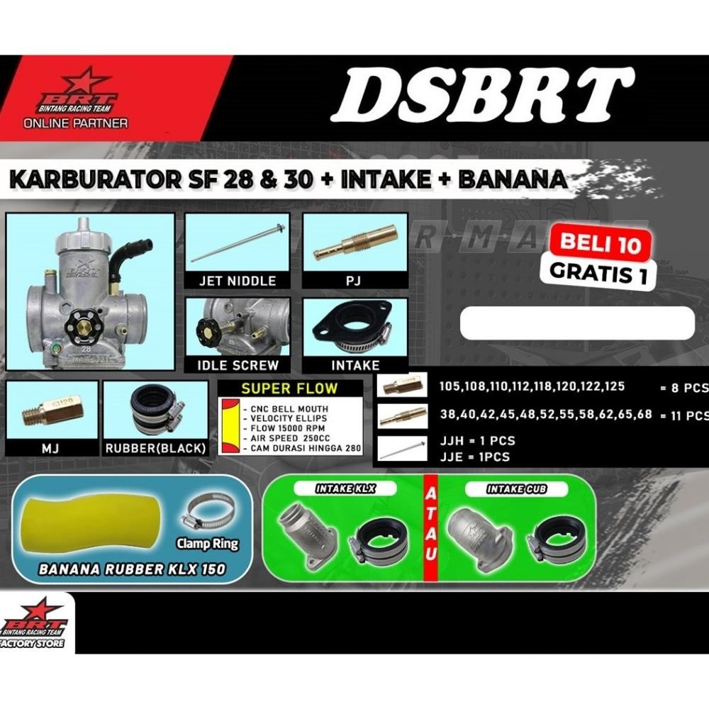 Paket Karburator Karbu BRT + INTAKE + BANANA KLX 150 Dtracker 150 SUPER FLOW