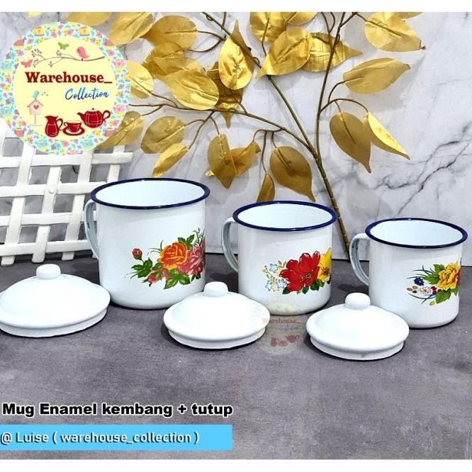 Mug Enamel Seng Kaleng Jadul Kembang Bunga Tutup 9 Cm