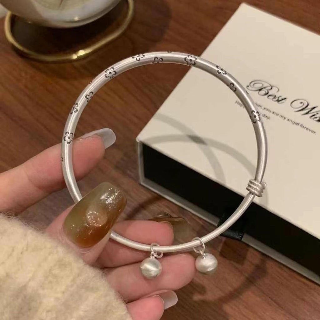 Gelang Bunga Perak Murni untuk Wanita, Gelang Perak Vintage Matte Bel Kuno, Perhiasan Perak Tidak Pu