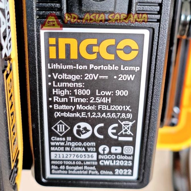 Promo Cordless Lampu Sorot Led 20V Ingco Cwli2025 Baterai Lamp Tembak P20S