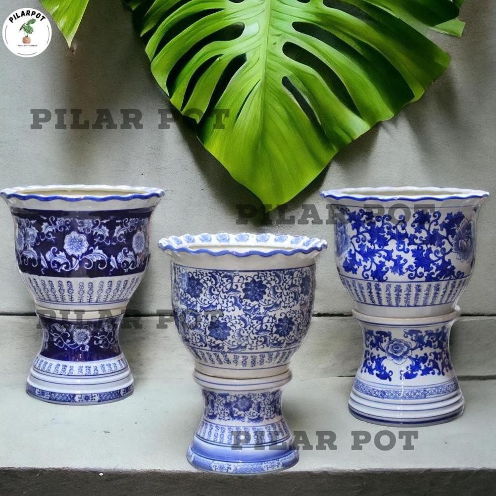 POT BUNGA TANAMAN TINGGI KERAMIK KAKI D40 T50 GLOSSY - 1 SET KERAMIK KAKI BESAR