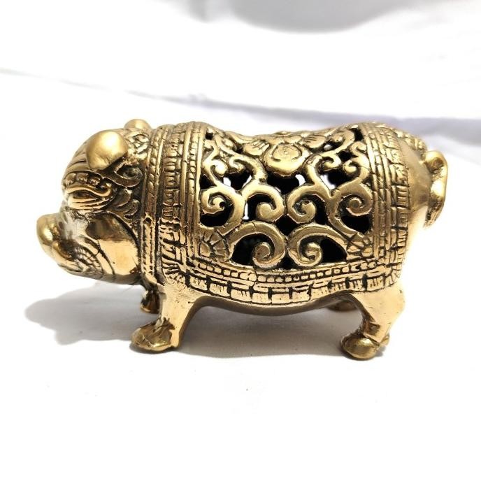 pig gold brass statue | patung babi shio emas kuningan ukir