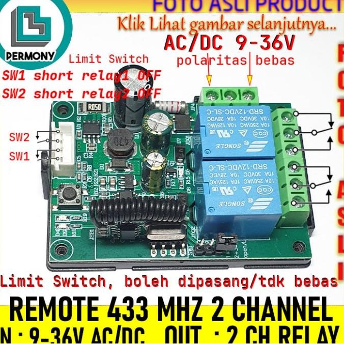 Relay Switch 433 Mhz 2Ch 433Mhz 2 Ch Wireless Rf Receiver 9-36V Dc - Asli
