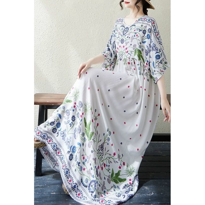 Bohemian Style Loose Fit Plus Size Round Neck Maxi Dress