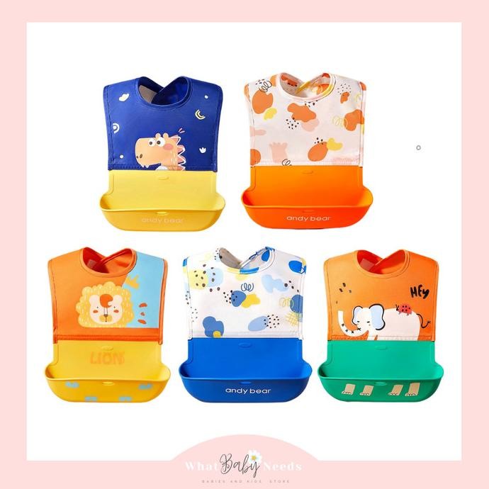 Baru Andy Bear Baby Silicone Bib / Baby Slabber Celemek Makan Bayi Silikon