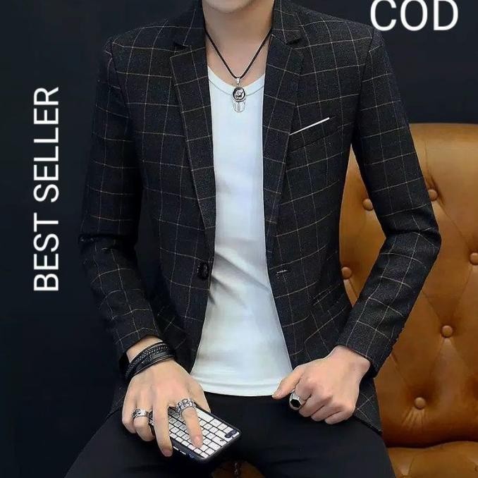 new  blazer korea pria/blazer casual/jas kantor pria/blazer motif kotak/Jas murah