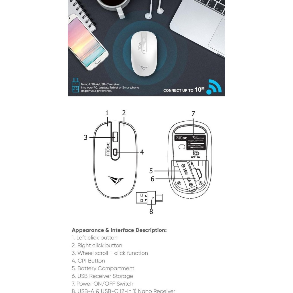 Original Mouse Wireless Alcatroz Airmouse Pro 5C Silent Click Wireless Mouse