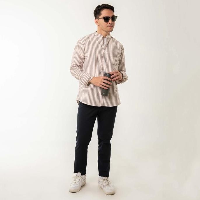 Promo Kemeja Pria Garis Woodcutter Collarless Butcher Stripe Kerah Shanghai - Brown Lengan Panjang