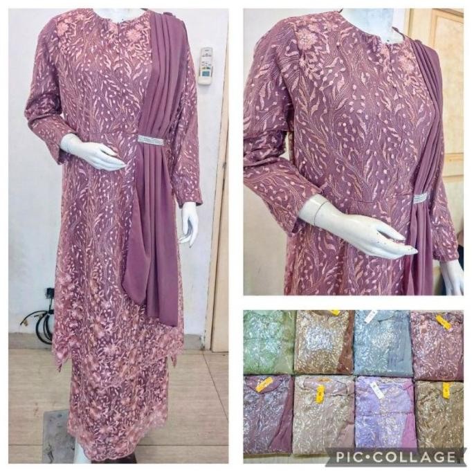 Gamis Brukat Tile Selendang Malaysia Jumbo - Gaun Pesta (Free Hijab)