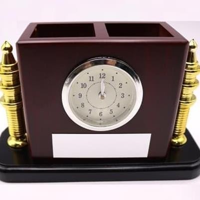 Tersedia Jam Meja Kayu Tempat Pulpen Pensil Souvenir Wooden Table Clock Holder