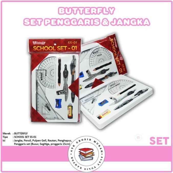 

siap kirim butterfly - alat tulis set penggaris, busur, jangka, ss 01 - set