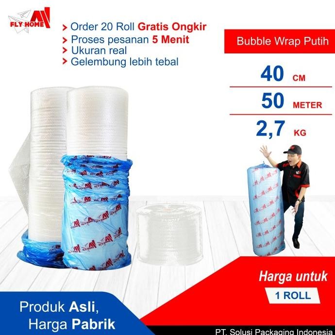 

tersedia flyhome bubble wrap putih potongan 40cm 2,7kg 1 roll besar 40x50meter
