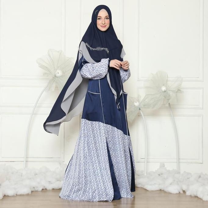 Baru Gamis Syari set khimar printing kombinasi polos kekinian Wanita Lebaran Terbaru SImple Elegan D