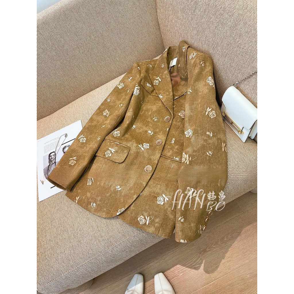 Jaket Blazer Vintage Santai Wanita dengan Cetakan Mawar Longgar
