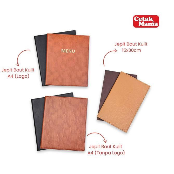 

tyS Cetak Mania - Buku Menu Kulit Polos dan Logo Jepit Baut Isi Plastik Mika A4 & 15x30 Coklat muda, Coklat tua, Hitam - Cafe, Coffee Shop, Restoran, Hotel
