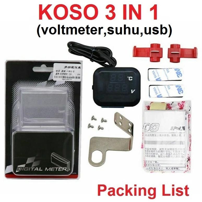 ready  Voltmeter Koso 3 In 1 USB Charger Universal SEMUA MOTOR Anti Air Original Termometer Digital 