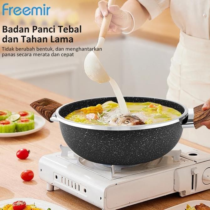 Grosir [Mega Sale] Freemir Wajan Kuping Hitam & Beige 20/24 Cm Plus Tutup Kaca Gagang Kayu Bahan Bat