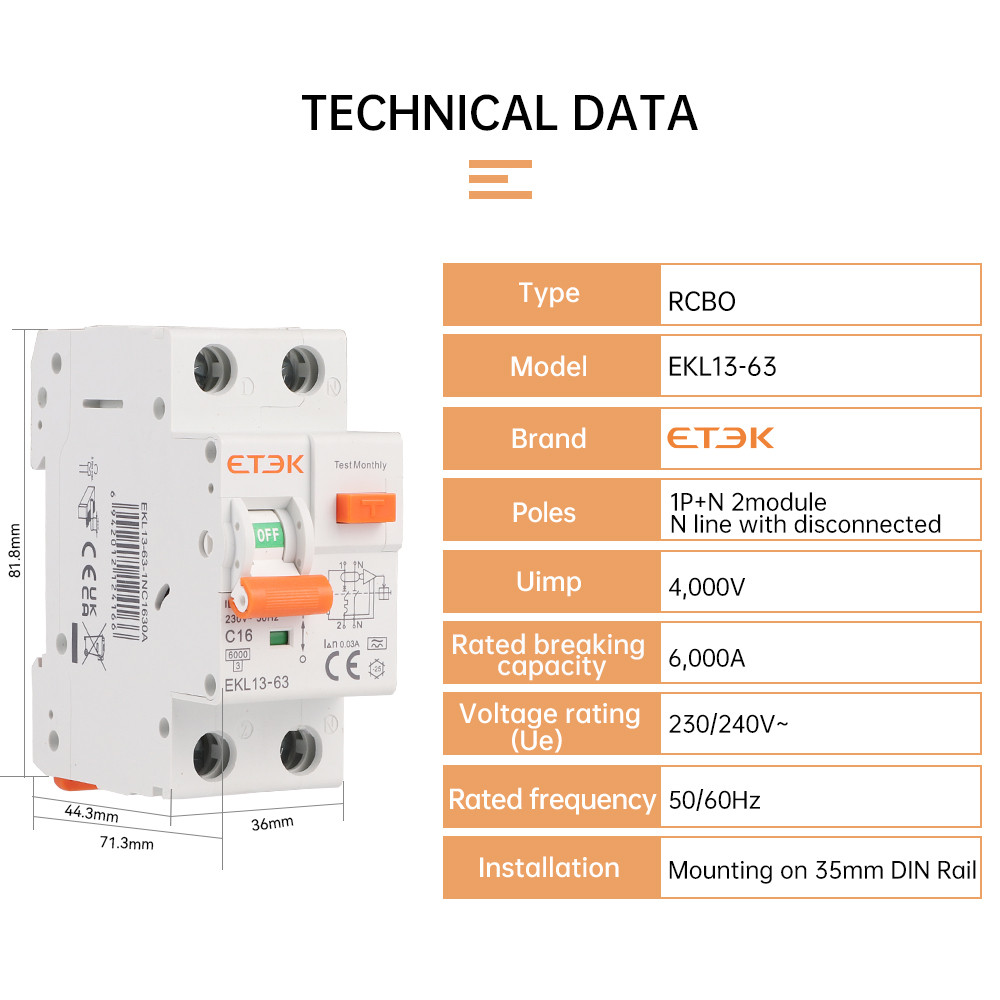 Etek Low Voltage Rcbo 30Ma 1P+N Rcbo Residual Current Circuit Breaker