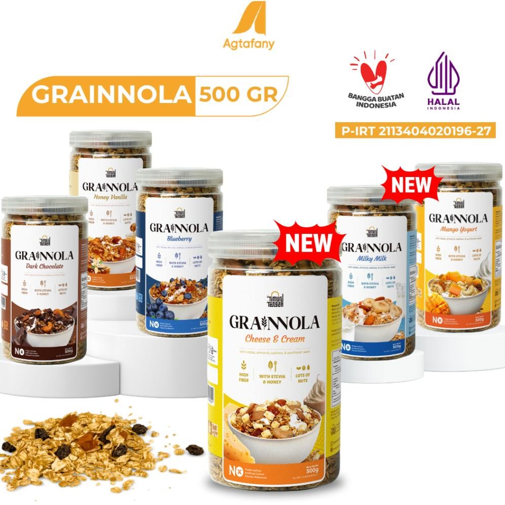 

READY STOK Grainnola Jar 500 Gr Granola Premium Timur Tengah | Dark Chocolate Coklat Blueberry Vanilla Honey Mango Yogurt Cheese and Cream Milky Milk Camilan Sehat Sereal Oatmeal Makanan Kaya Serat Siap kirim