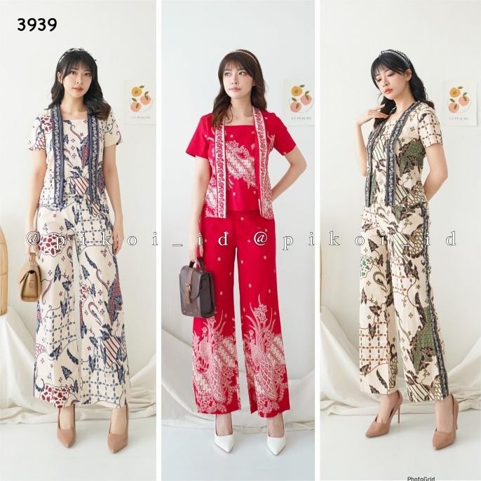 Set batik wanita modern lengan pendek / setelan atasan celana panjang wanita merah cream / baju leng