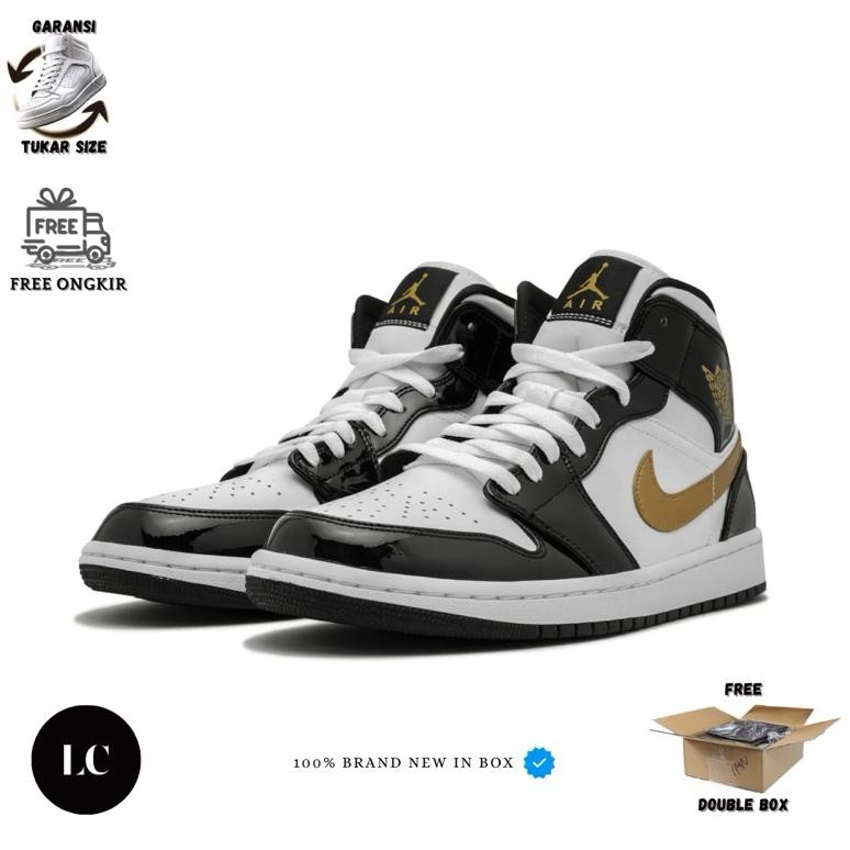 Best Sepatu Sneakers Nike Air Jordan 1 Mid Patent Black White Gold Authentic 100% Bnib