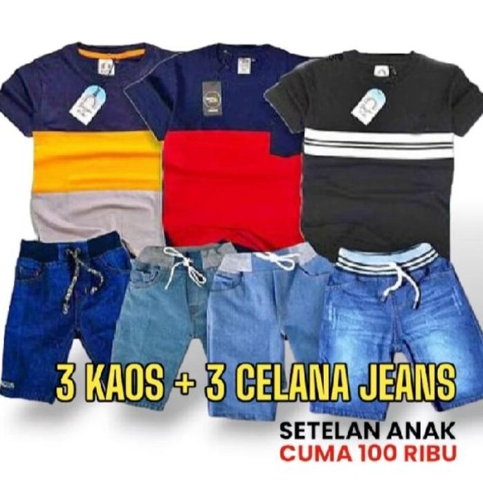 PAKET HEMAT SETELAN KAOS ANAK LAKI LAKI DAN CELANA PENDEK JEANS ANAK STREED COMBATT DISTRO USIA 1-12