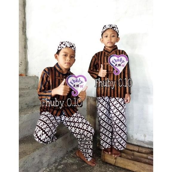 Surjan Lurik Anak Shanghai Koko - Baju +Celana Batik putih+Blangkon SRA