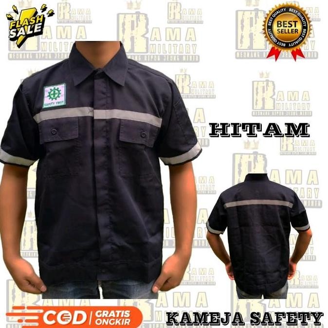 Kameja Kerja K3 Safety Lengan Pendek Setrip Katun Wearpack Pria Baju Hitam Coklat New Stok