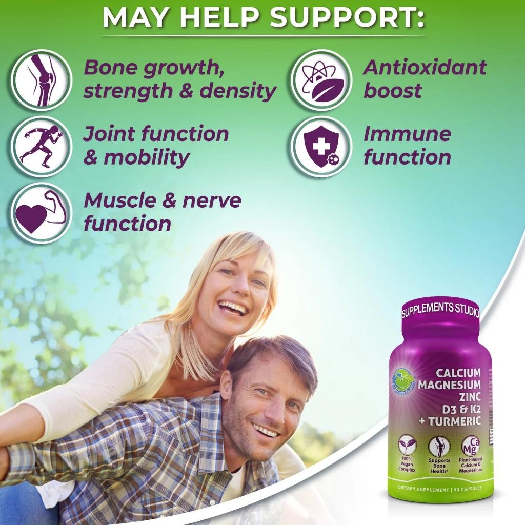 Calcium / Kalsium 500Mg + D3K2 + Magnesium + Zinc + Organic Tumeric Supplement Studio Usa Original