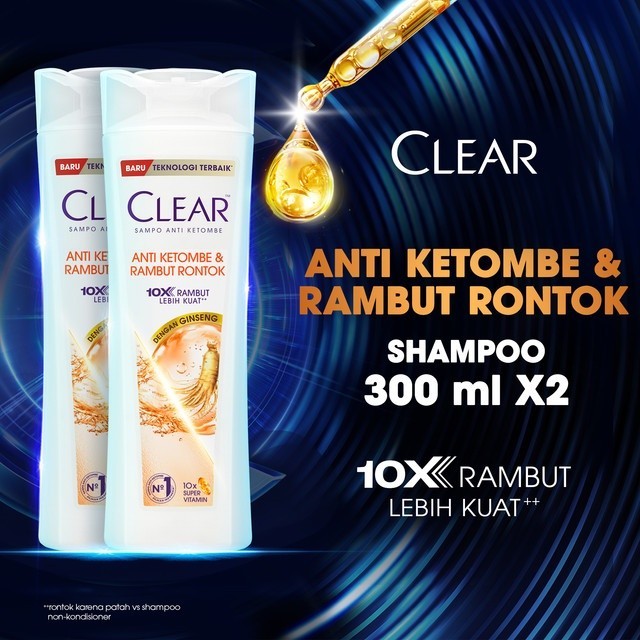 CLEAR Shampoo Anti Ketombe & Rambut Rontok, diperkaya dengan Ginseng 10x rambut lebih kuat lawan ron