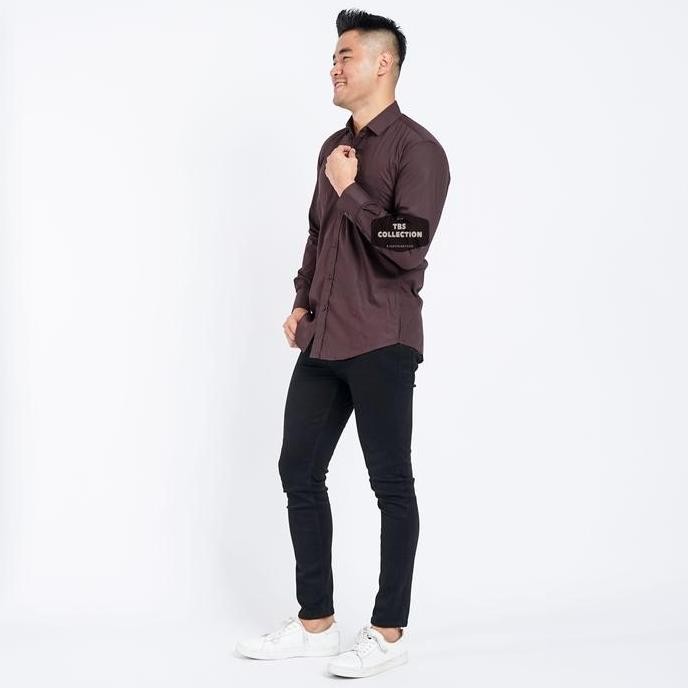 Baju Hem Kemeja Lengan Panjang Pria Coklat Dark Brown Polos Cowok 3242