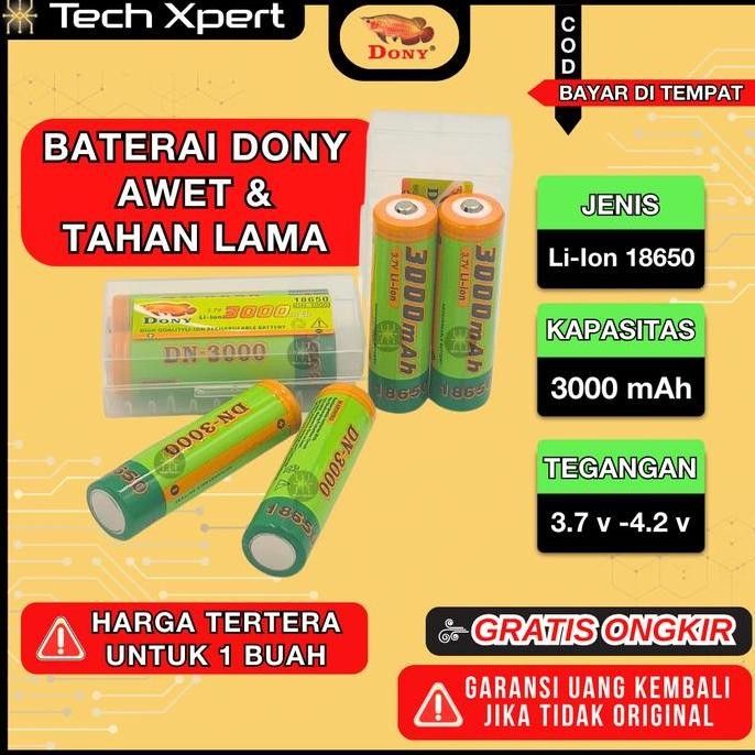 BATERAI LITHIUM ION Li-Ion DONY DN-3000 18650 3000 mAh 3,7 V PER PCS
